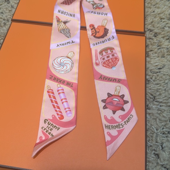 Hermes Pink Twilly Patterned Silk Scarf Funny IceCream - Picture 5 of 9